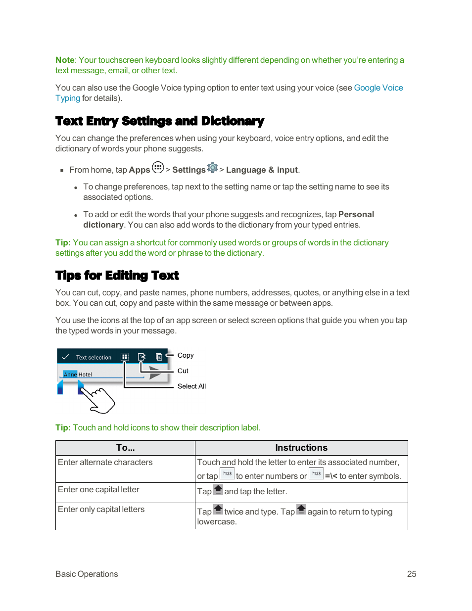 Text entry settings and dictionary, Tips for editing text | Motorola moto E User Manual | Page 33 / 171