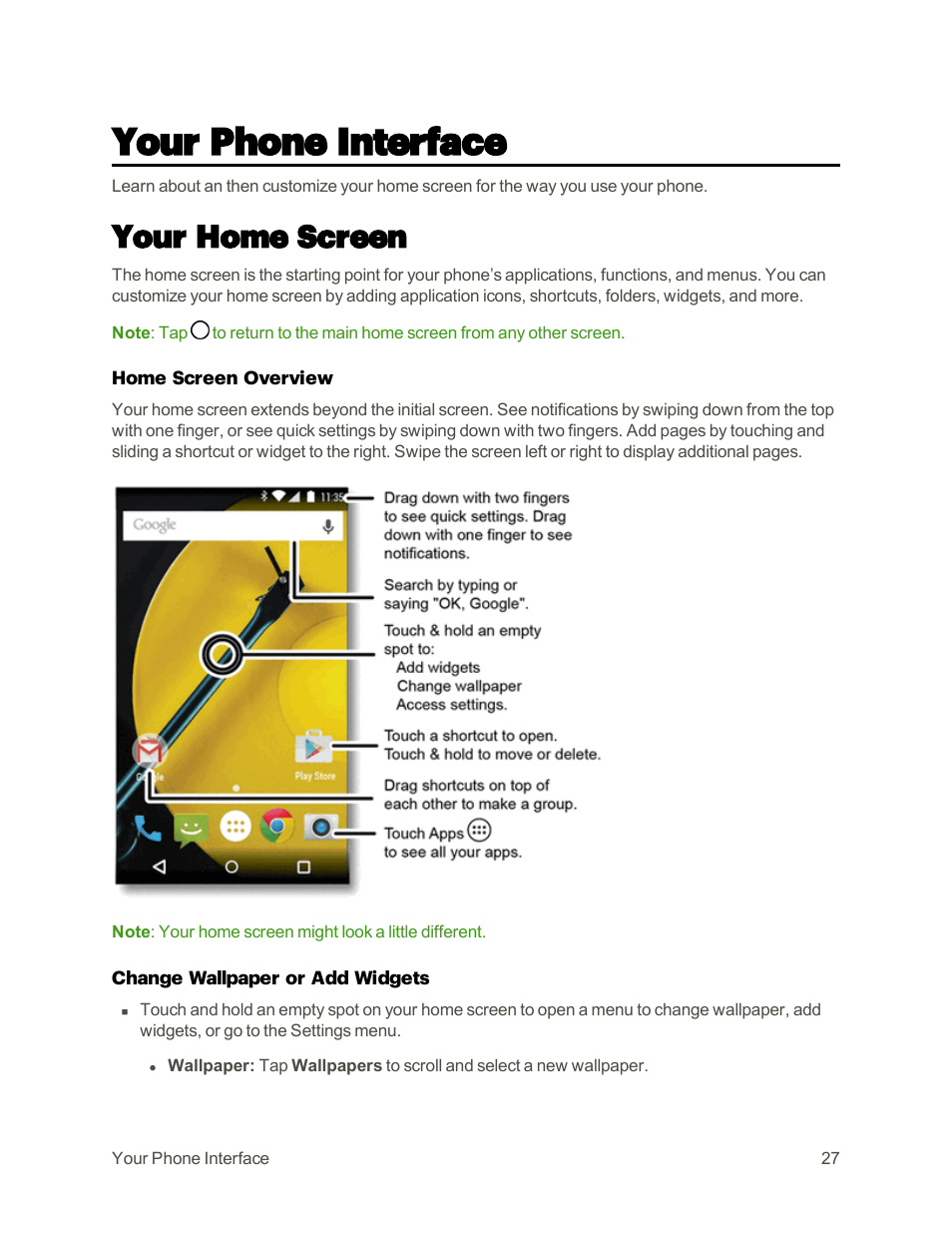 Your phone interface, Your home screen | Motorola moto E User Manual | Page 35 / 171
