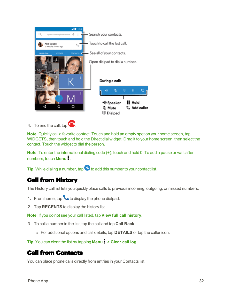 Call from history, Call from contacts | Motorola moto E User Manual | Page 40 / 171