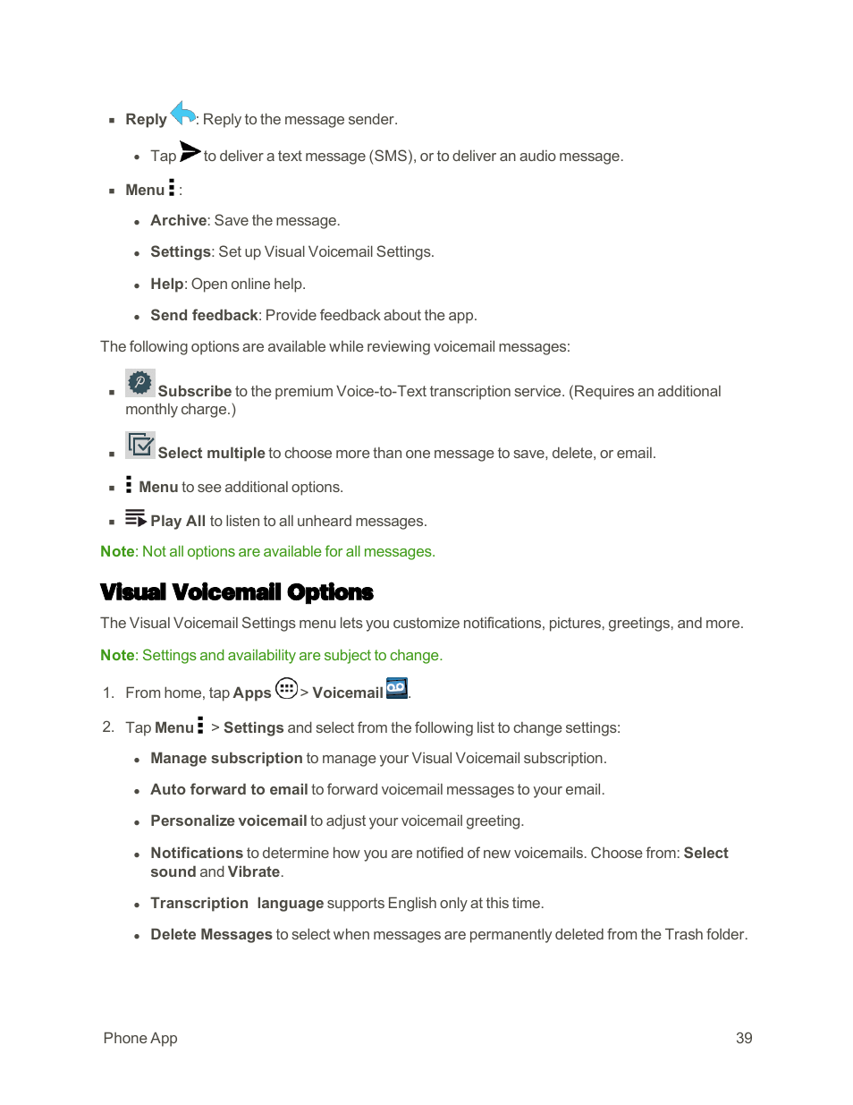 Visual voicemail options | Motorola moto E User Manual | Page 47 / 171