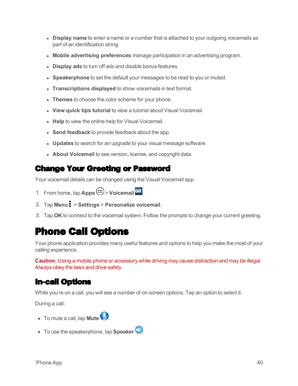 Change your greeting or password, Phone call options, In-call options | Motorola moto E User Manual | Page 48 / 171