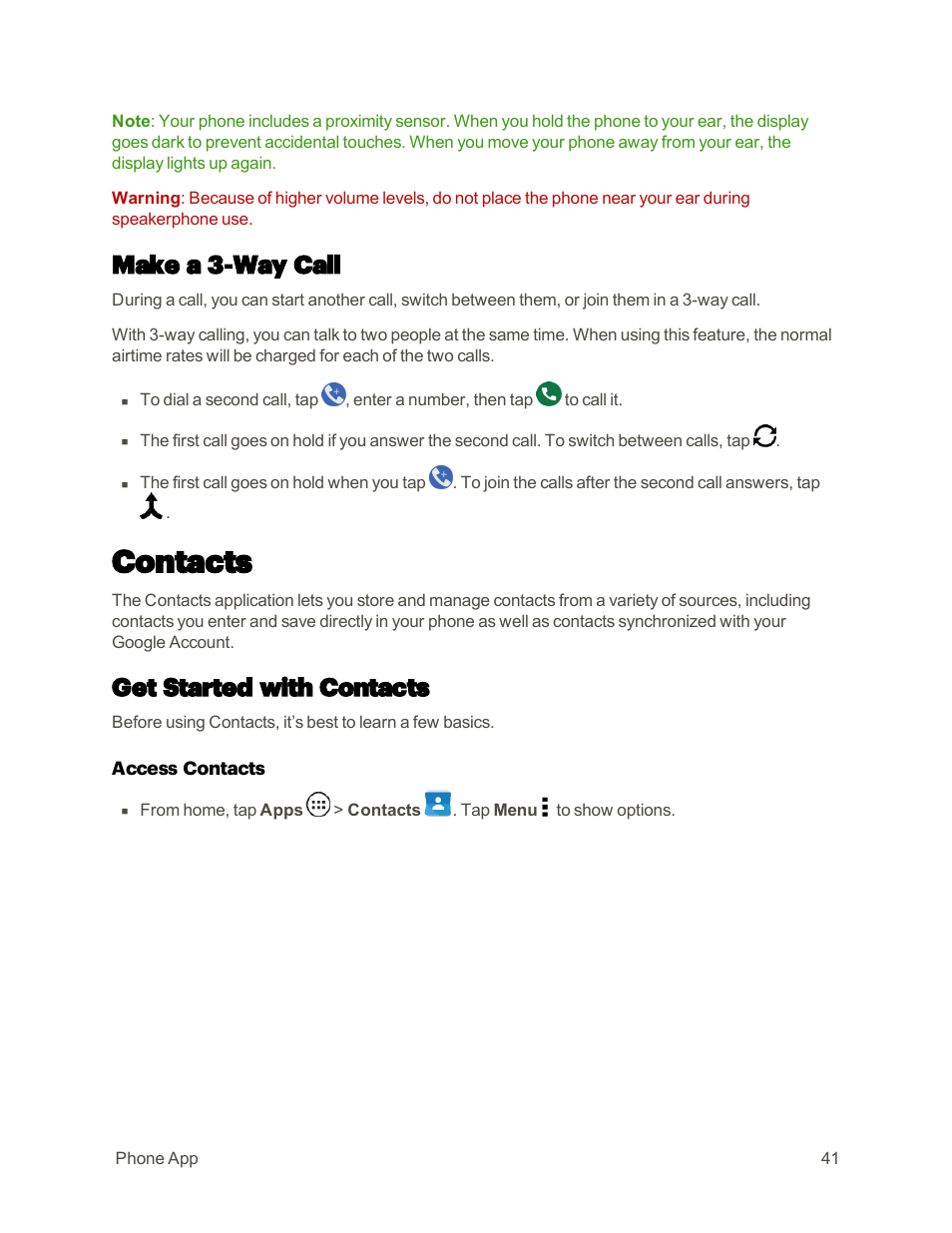 Make a 3-way call, Contacts, Get started with contacts | Motorola moto E User Manual | Page 49 / 171