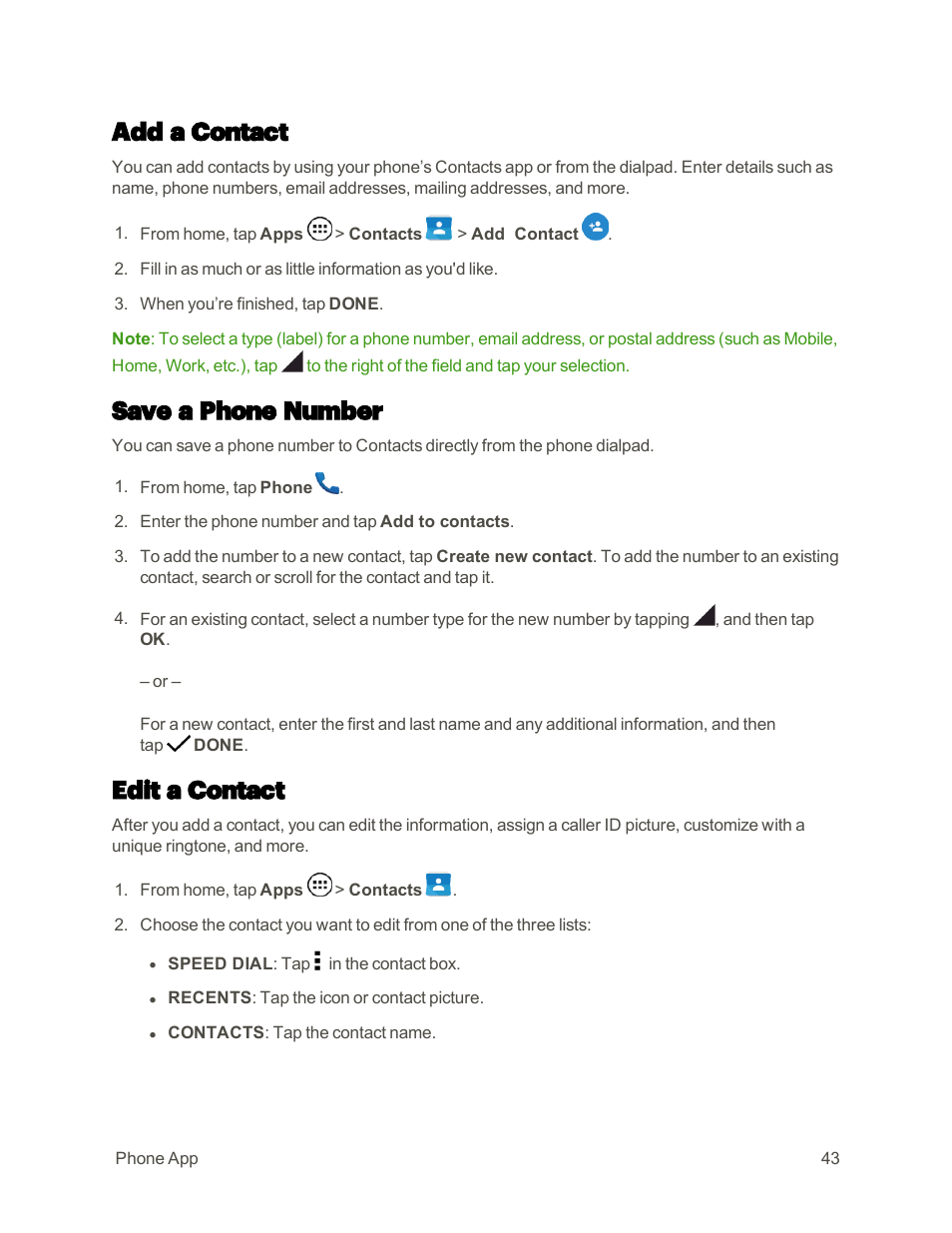 Add a contact, Save a phone number, Edit a contact | Motorola moto E User Manual | Page 51 / 171