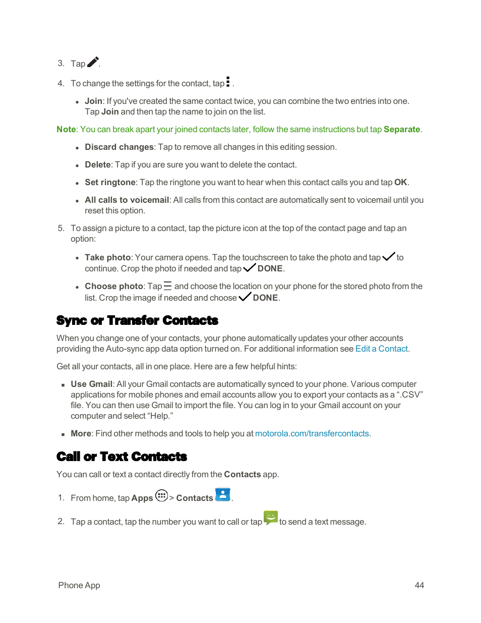 Sync or transfer contacts, Call or text contacts | Motorola moto E User Manual | Page 52 / 171