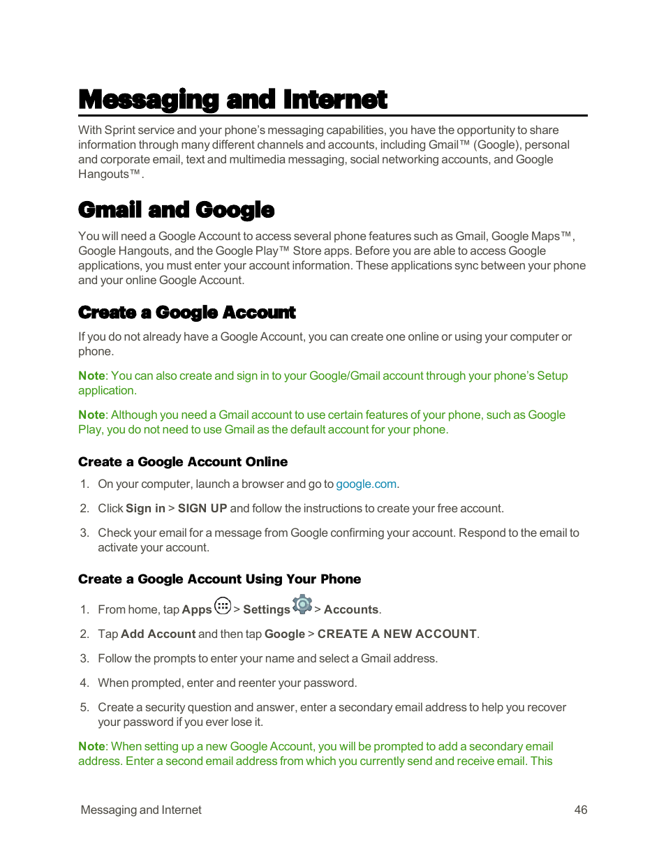 Messaging and internet, Gmail and google, Create a google account | Motorola moto E User Manual | Page 54 / 171