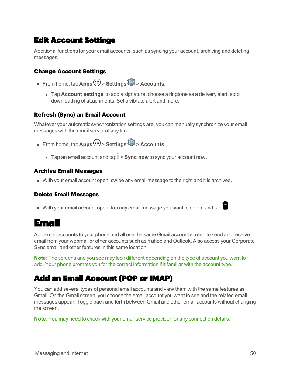 Edit account settings, Email, Add an email account (pop or imap) | Motorola moto E User Manual | Page 58 / 171