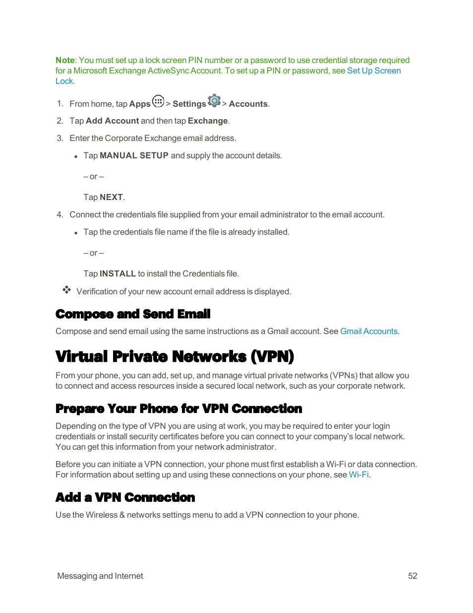 Compose and send email, Virtual private networks (vpn), Prepare your phone for vpn connection | Add a vpn connection | Motorola moto E User Manual | Page 60 / 171