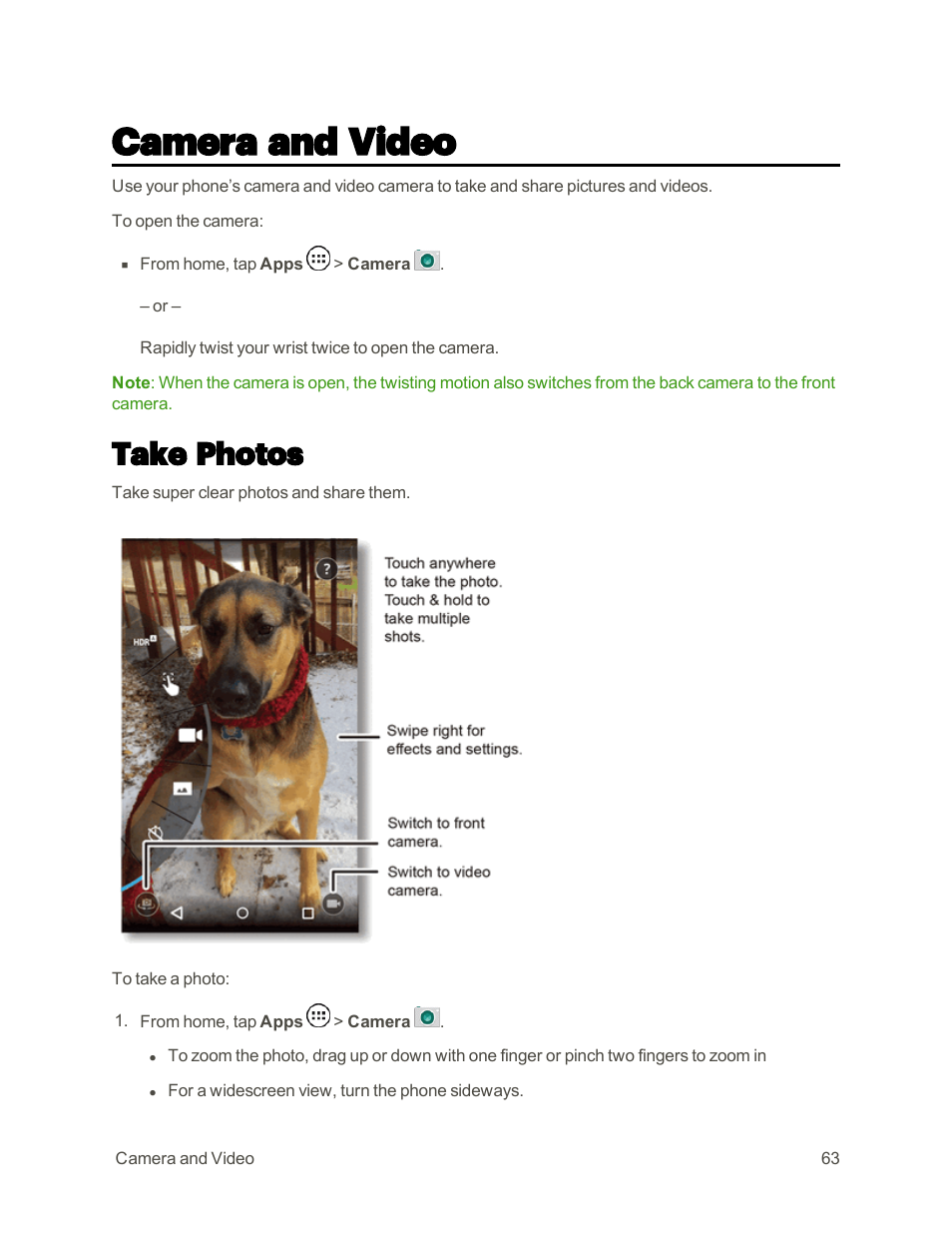 Camera and video, Take photos | Motorola moto E User Manual | Page 71 / 171