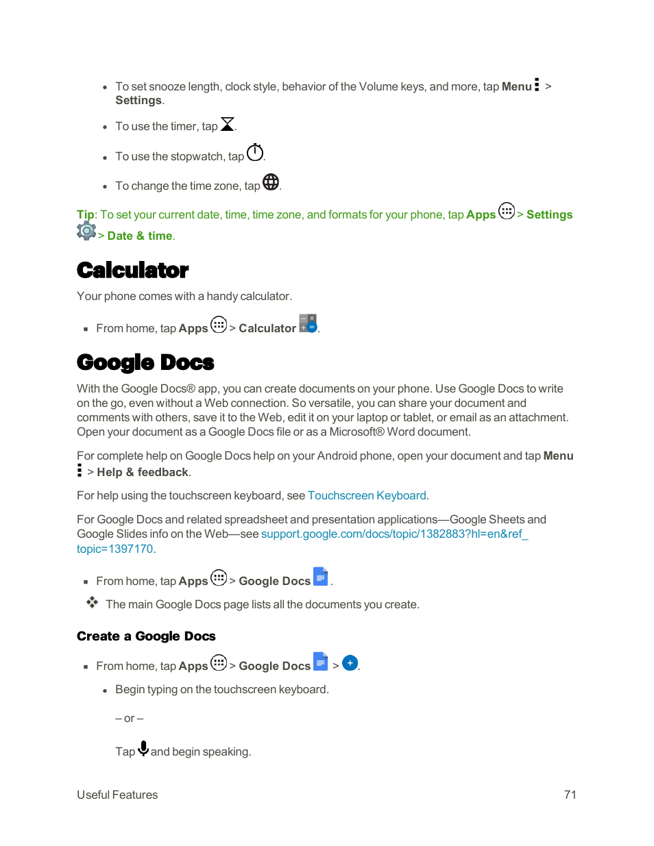 Calculator, Google docs | Motorola moto E User Manual | Page 79 / 171