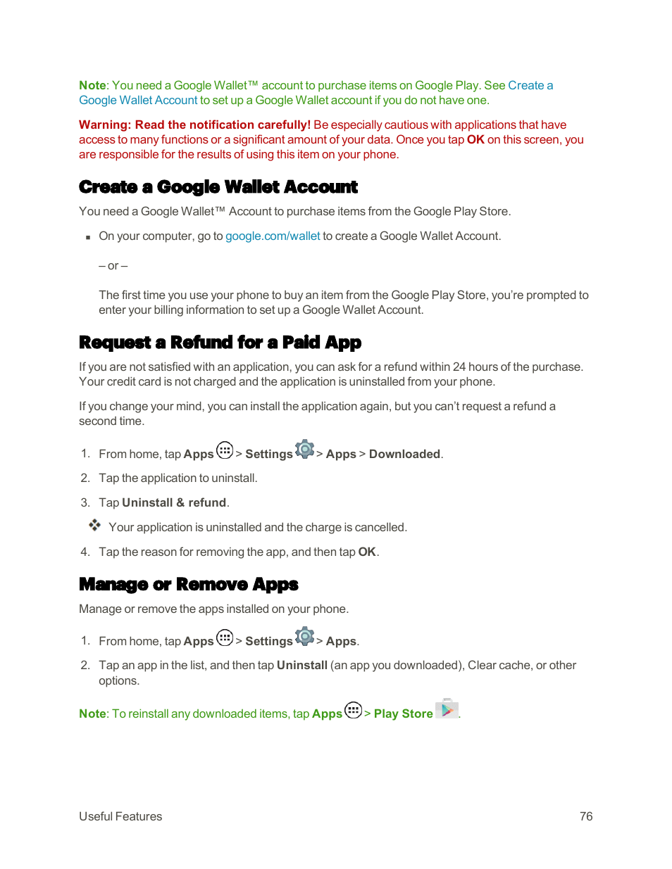 Create a google wallet account, Request a refund for a paid app, Manage or remove apps | Motorola moto E User Manual | Page 84 / 171