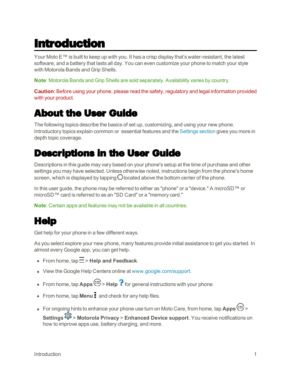 Introduction, About the user guide, Descriptions in the user guide | Help | Motorola moto E User Manual | Page 9 / 171