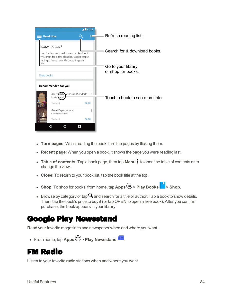 Google play newsstand, Fm radio | Motorola moto E User Manual | Page 92 / 171