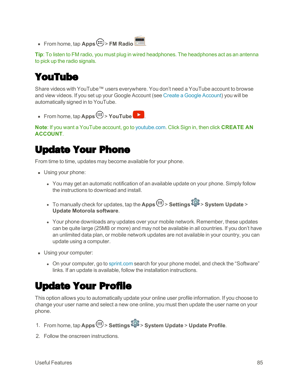 Youtube, Update your phone, Update your profile | Motorola moto E User Manual | Page 93 / 171