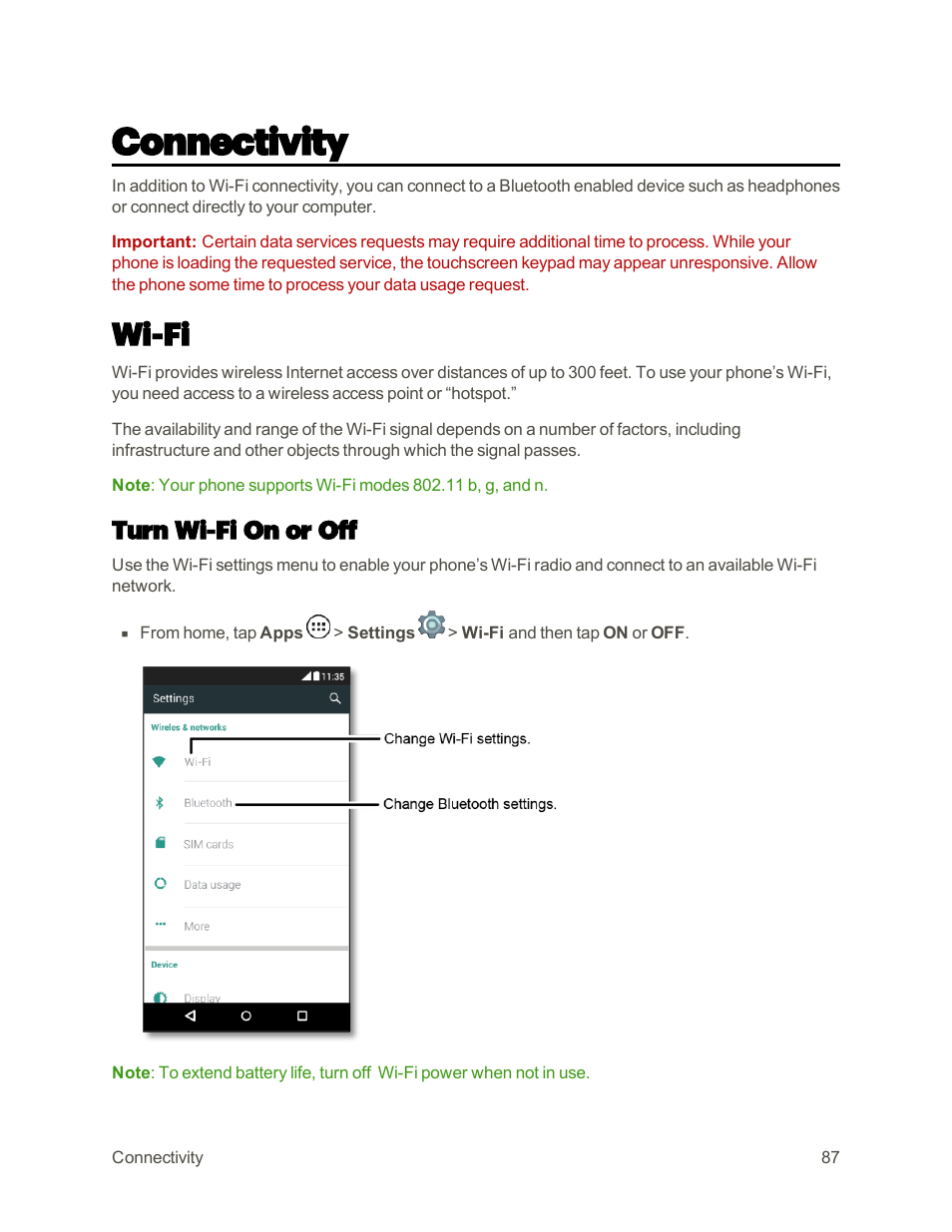 Connectivity, Wi-fi, Turn wi-fi on or off | Motorola moto E User Manual | Page 95 / 171