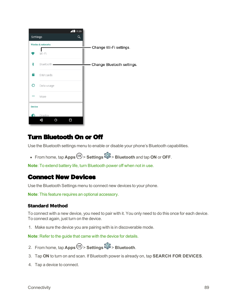 Turn bluetooth on or off, Connect new devices | Motorola moto E User Manual | Page 97 / 171