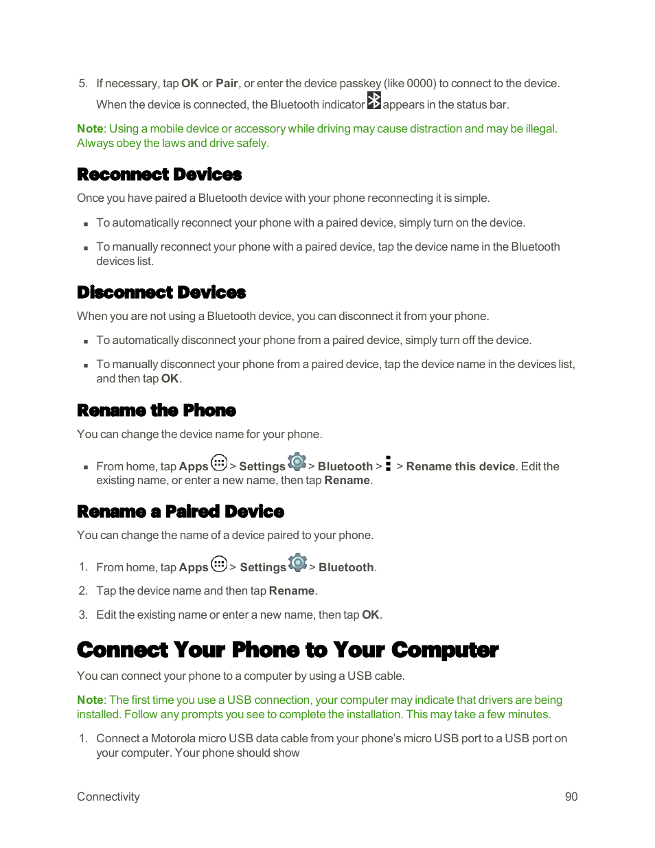 Reconnect devices, Disconnect devices, Rename the phone | Rename a paired device, Connect your phone to your computer | Motorola moto E User Manual | Page 98 / 171
