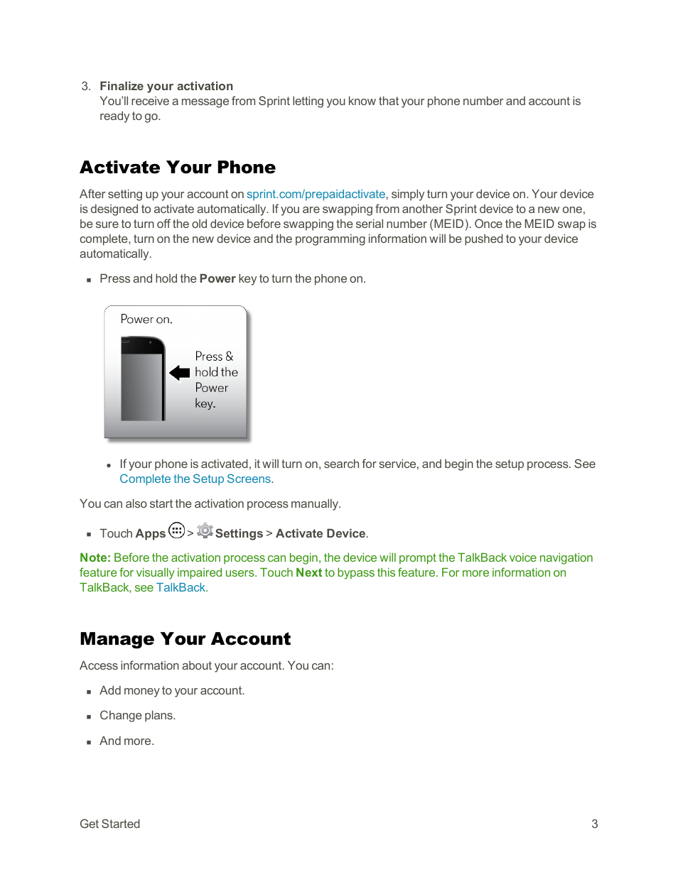 Activate your phone, Manage your account | Motorola moto G User Manual | Page 10 / 134