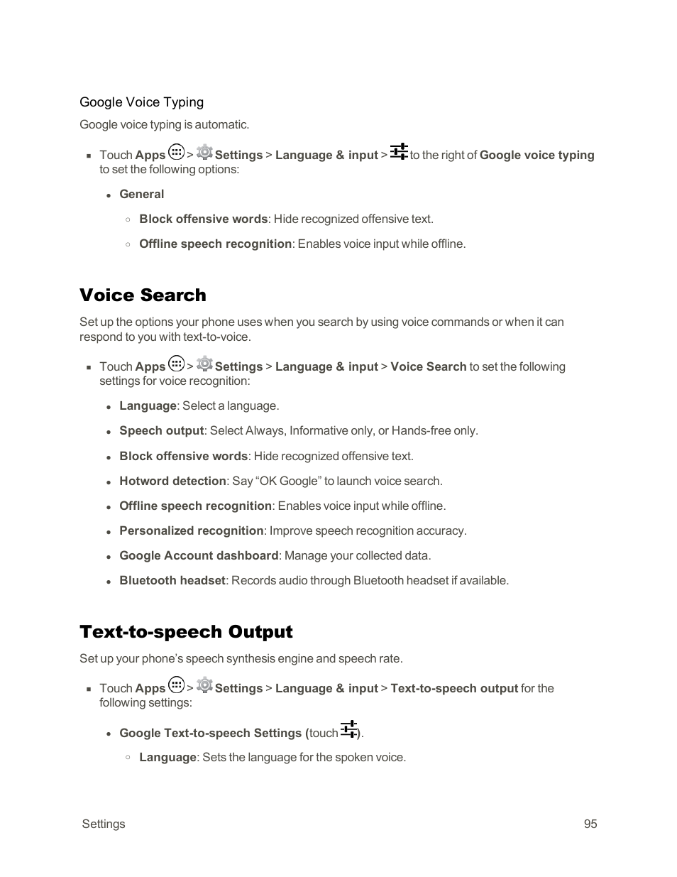 Voice search, Text-to-speech output | Motorola moto G User Manual | Page 102 / 134