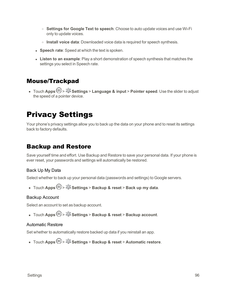 Mouse/trackpad, Privacy settings, Backup and restore | Motorola moto G User Manual | Page 103 / 134