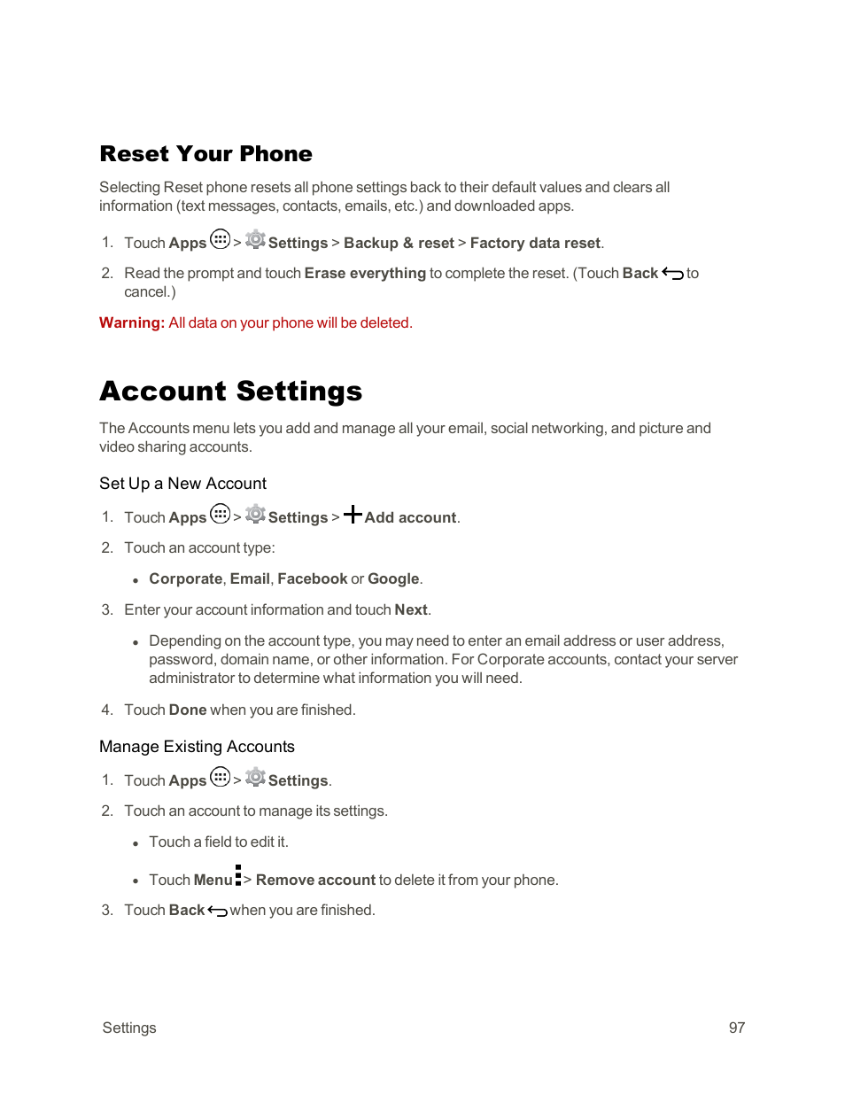 Reset your phone, Account settings | Motorola moto G User Manual | Page 104 / 134