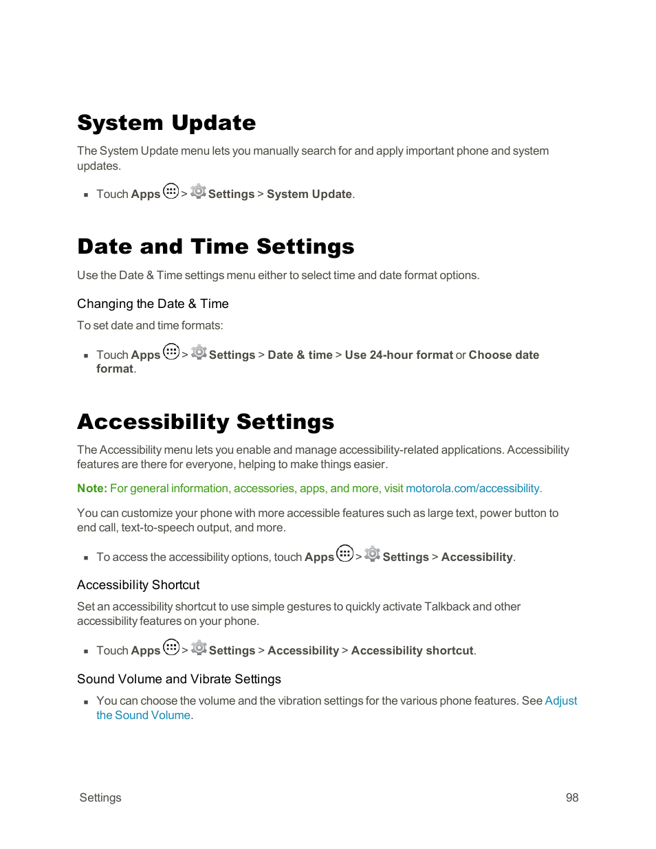 System update, Date and time settings, Accessibility settings | Talkback | Motorola moto G User Manual | Page 105 / 134