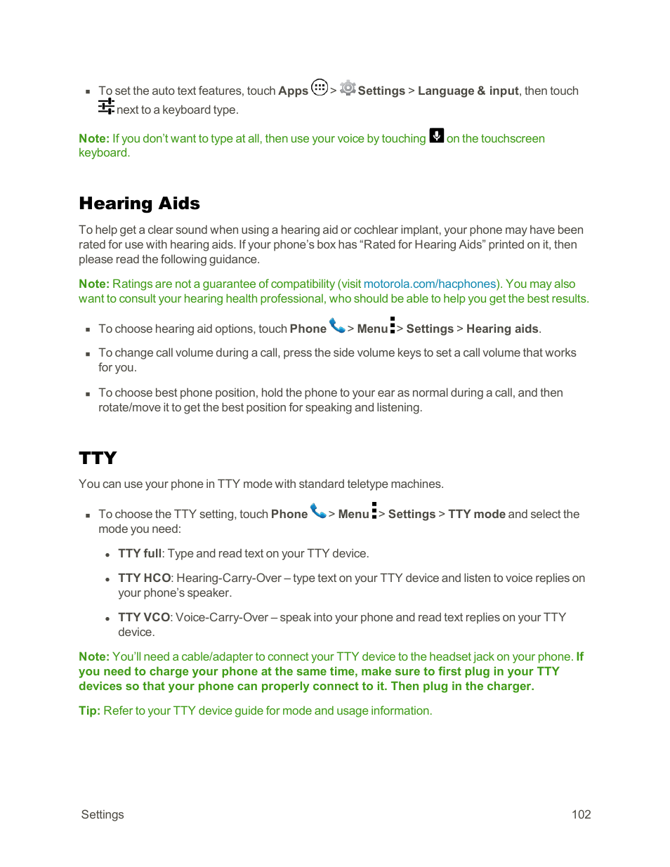 Hearing aids | Motorola moto G User Manual | Page 109 / 134