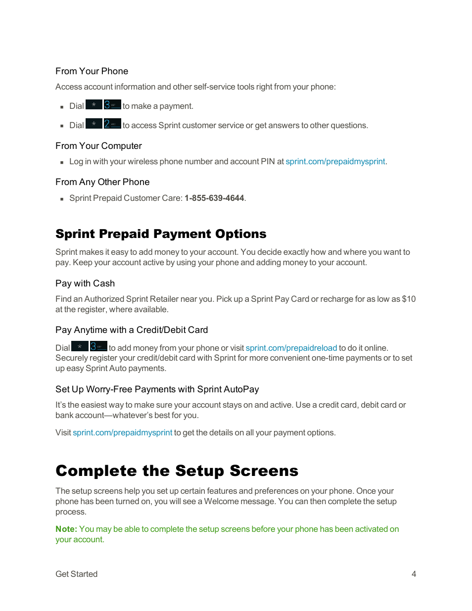 Sprint prepaid payment options, Complete the setup screens | Motorola moto G User Manual | Page 11 / 134