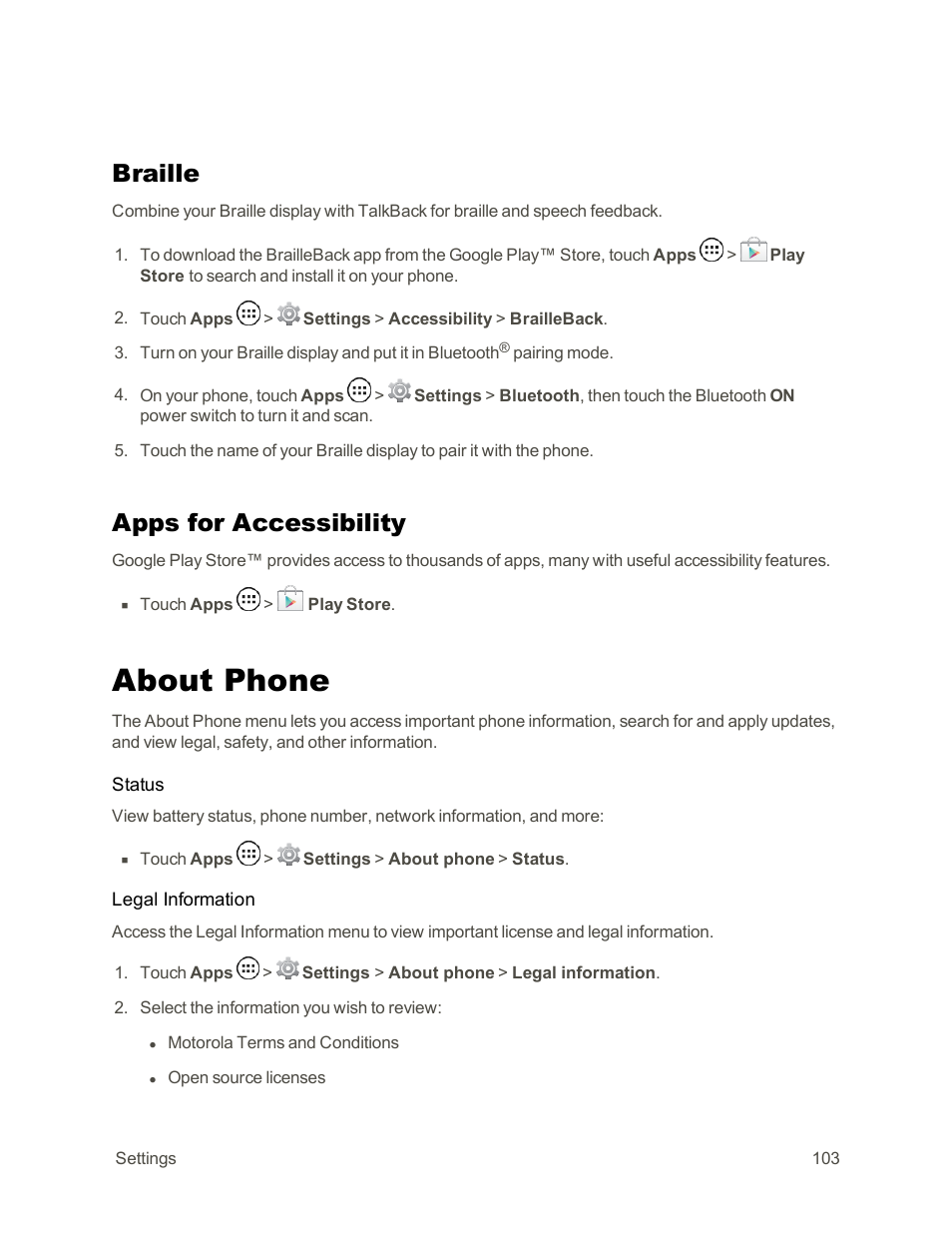 Braille, Apps for accessibility, About phone | Motorola moto G User Manual | Page 110 / 134