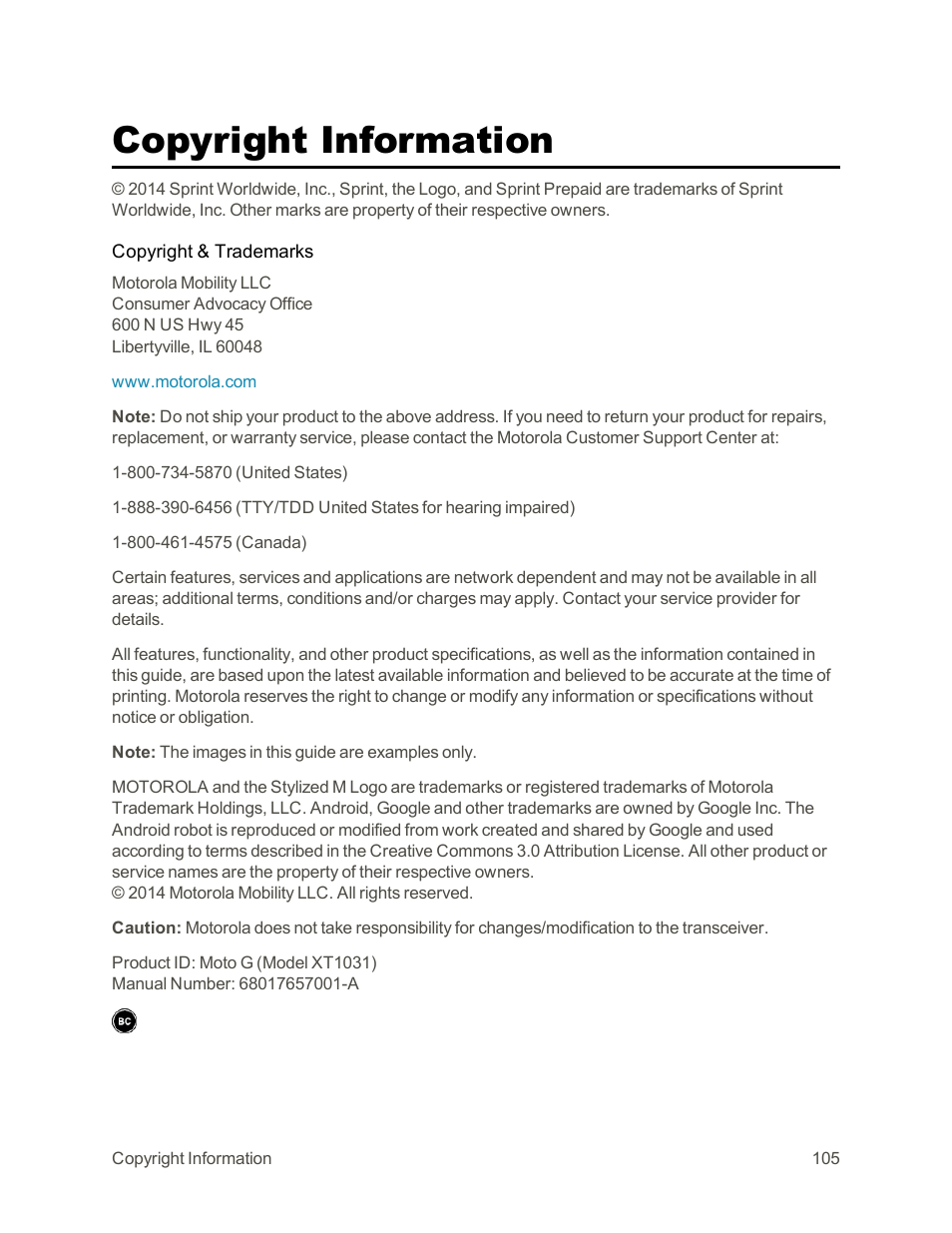 Copyright information | Motorola moto G User Manual | Page 112 / 134