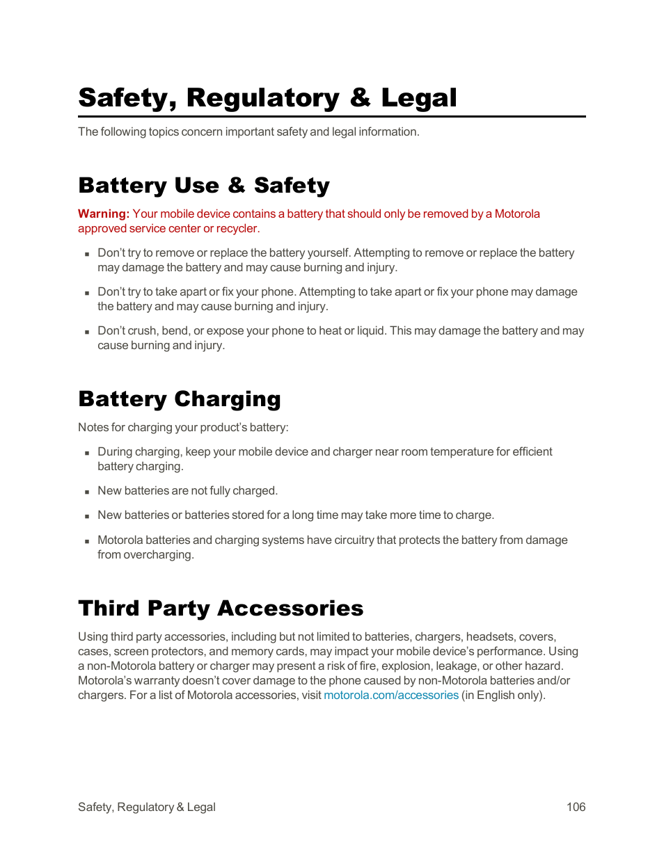 Safety, regulatory & legal, Battery use & safety, Battery charging | Third party accessories | Motorola moto G User Manual | Page 113 / 134