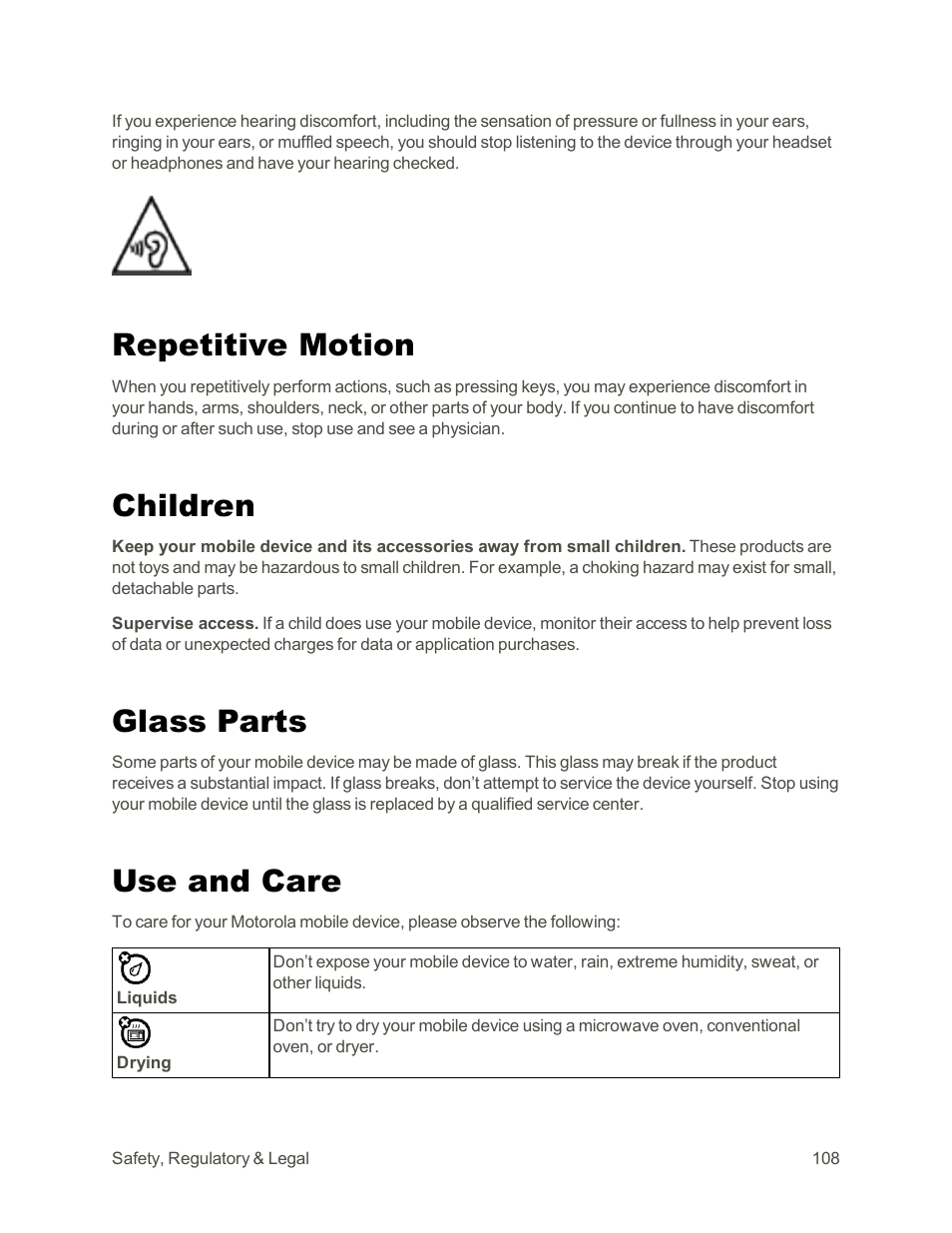 Repetitive motion, Children, Glass parts | Use and care | Motorola moto G User Manual | Page 115 / 134