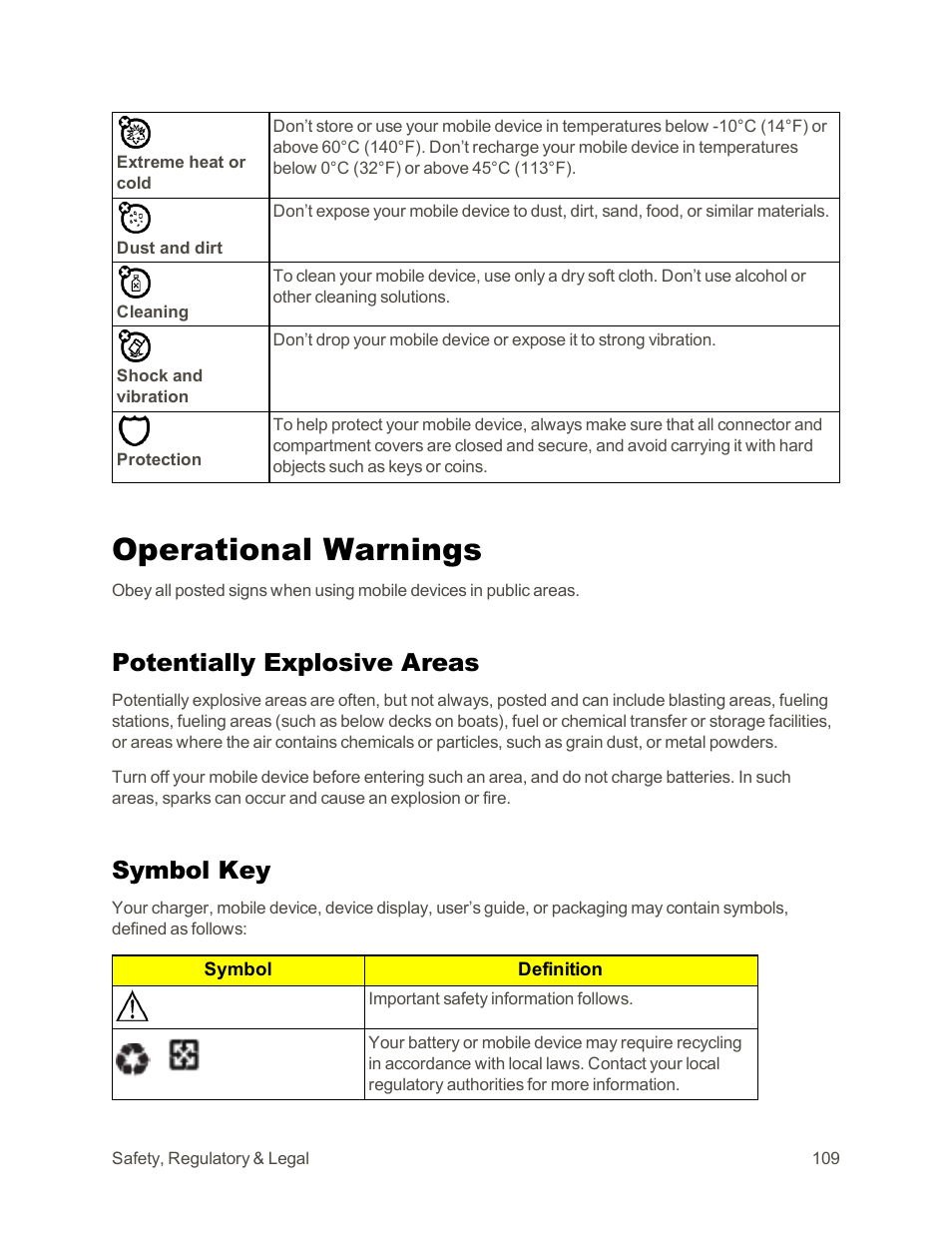 Operational warnings, Potentially explosive areas, Symbol key | Motorola moto G User Manual | Page 116 / 134