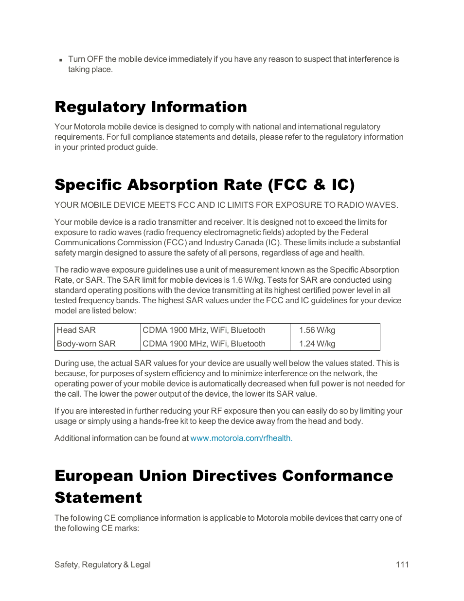 Regulatory information, Specific absorption rate (fcc & ic), European union directives conformance statement | Motorola moto G User Manual | Page 118 / 134