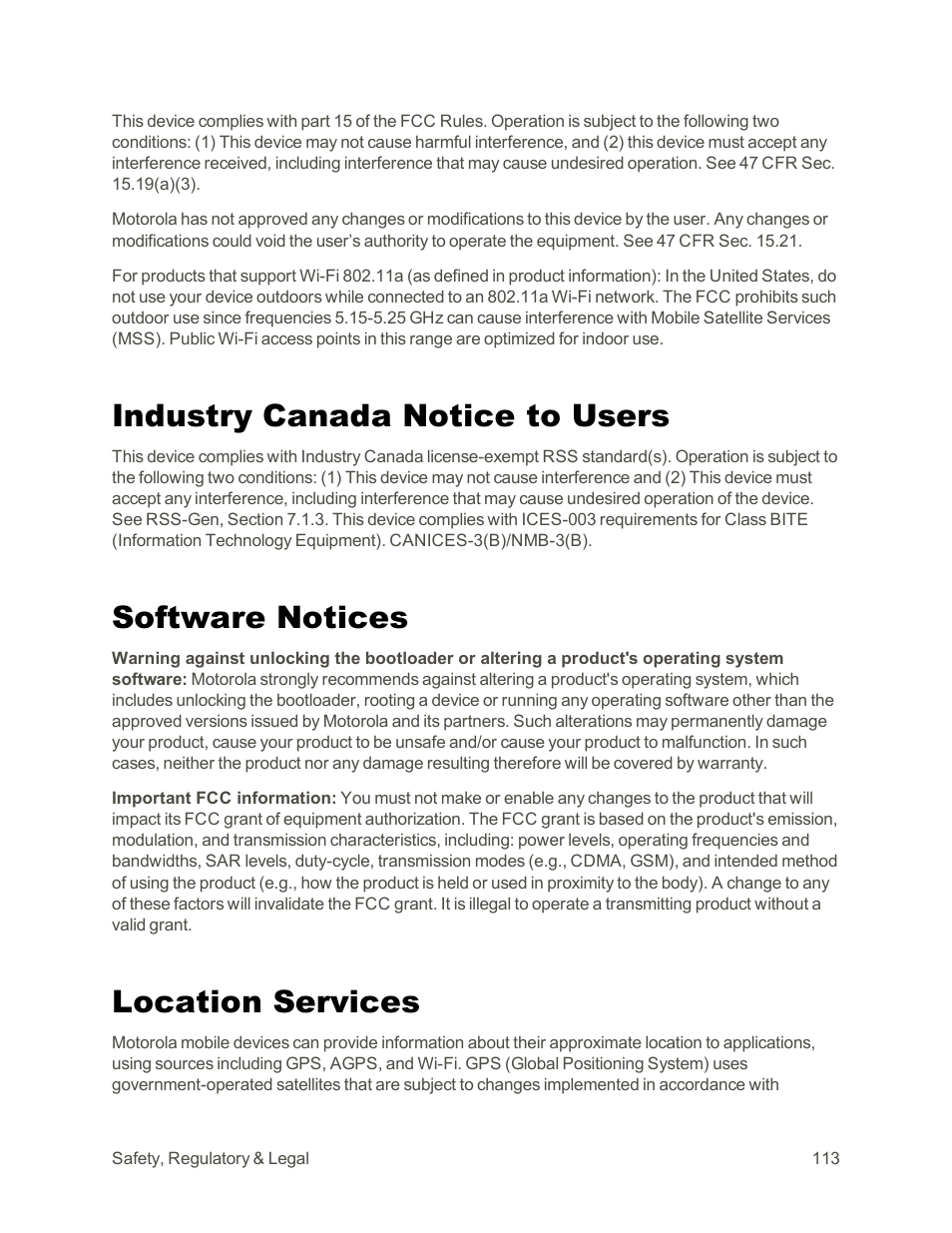 Industry canada notice to users, Software notices, Location services | Motorola moto G User Manual | Page 120 / 134