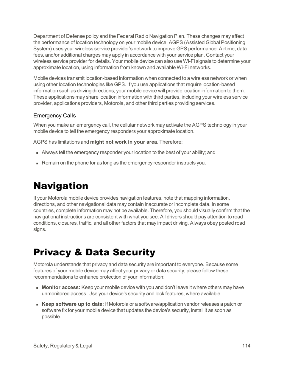 Navigation, Privacy & data security | Motorola moto G User Manual | Page 121 / 134