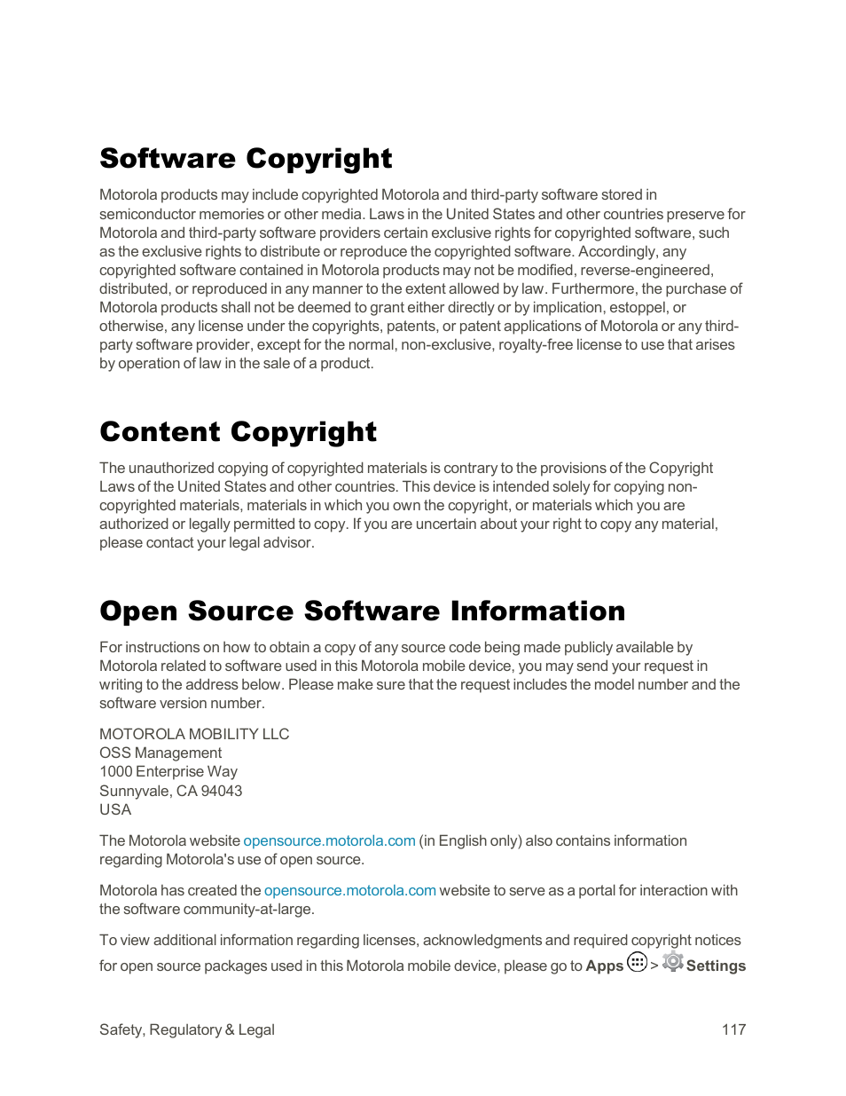 Software copyright, Content copyright, Open source software information | Motorola moto G User Manual | Page 124 / 134