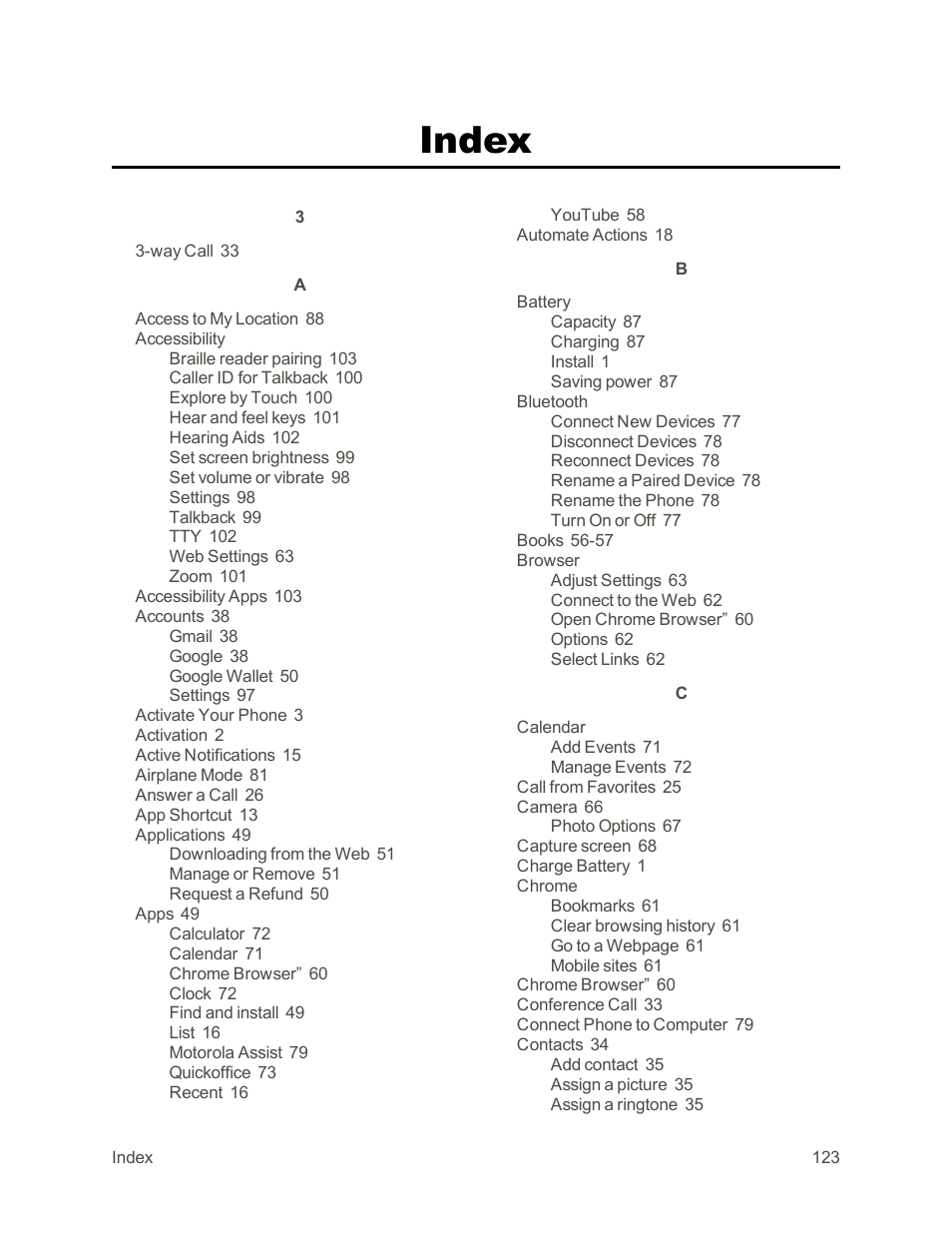 Index | Motorola moto G User Manual | Page 130 / 134