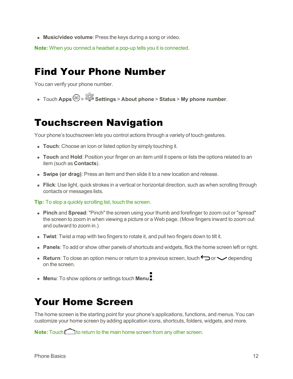 Find your phone number, Touchscreen navigation, Your home screen | Motorola moto G User Manual | Page 19 / 134