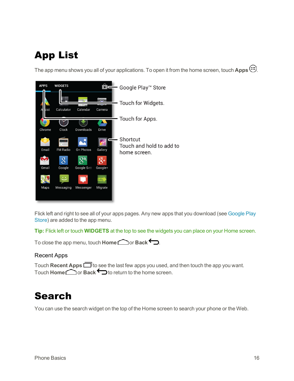 App list, Search | Motorola moto G User Manual | Page 23 / 134