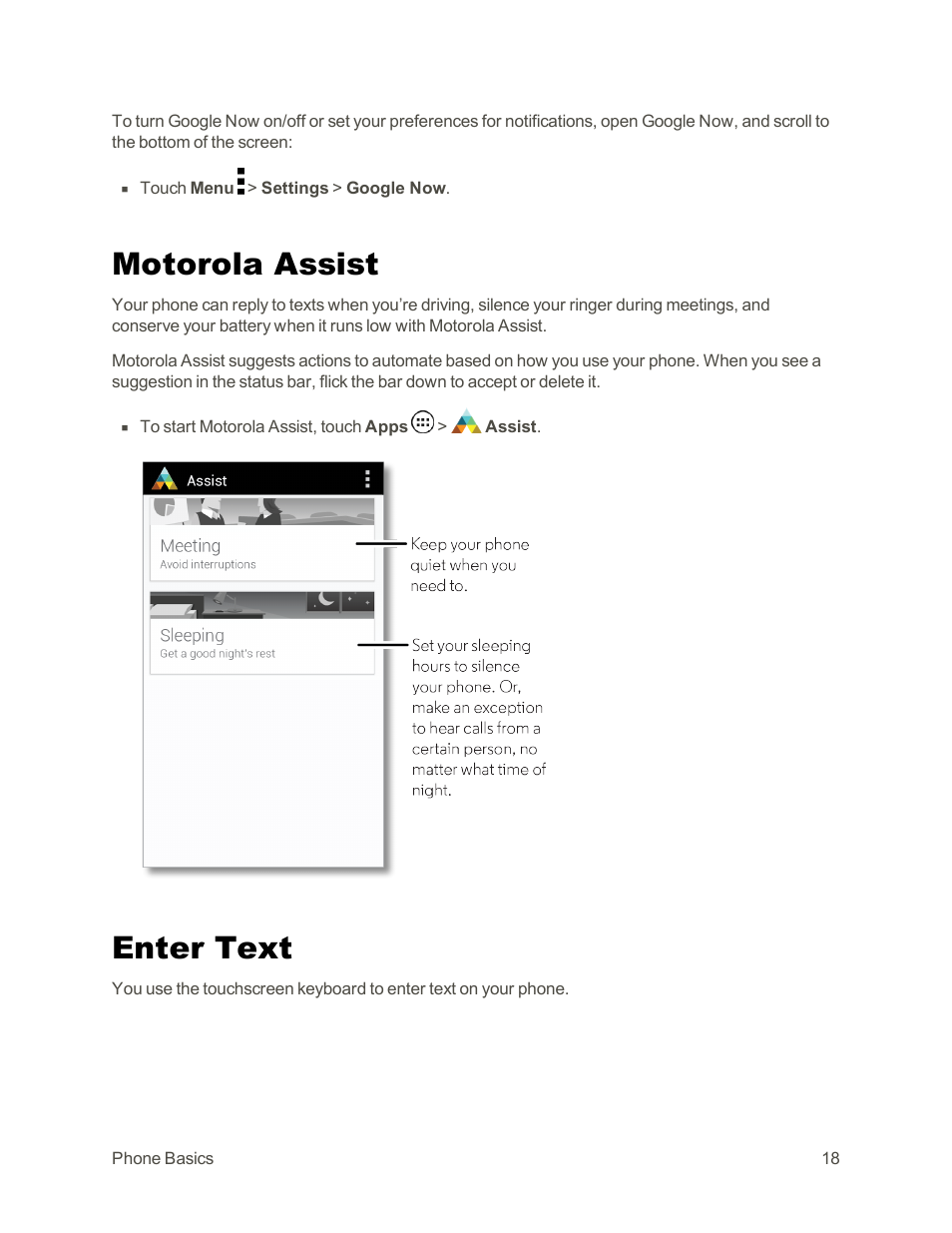 Motorola assist, Enter text | Motorola moto G User Manual | Page 25 / 134