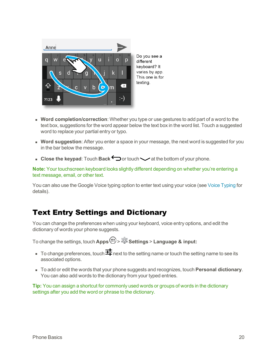 Text entry settings and dictionary | Motorola moto G User Manual | Page 27 / 134