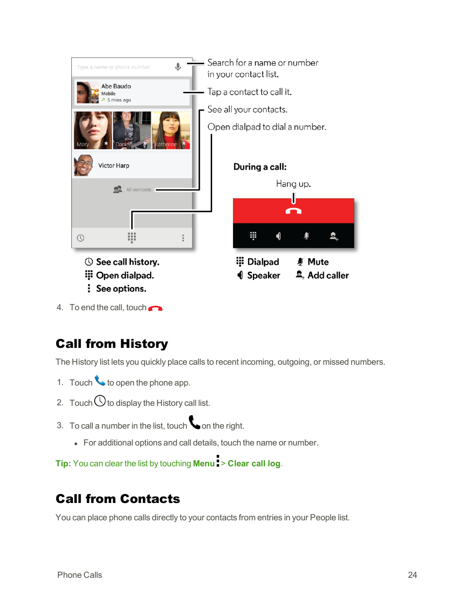 Call from history, Call from contacts | Motorola moto G User Manual | Page 31 / 134