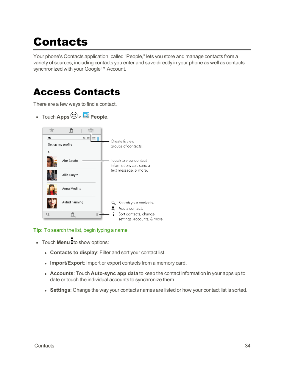 Contacts, Access contacts | Motorola moto G User Manual | Page 41 / 134