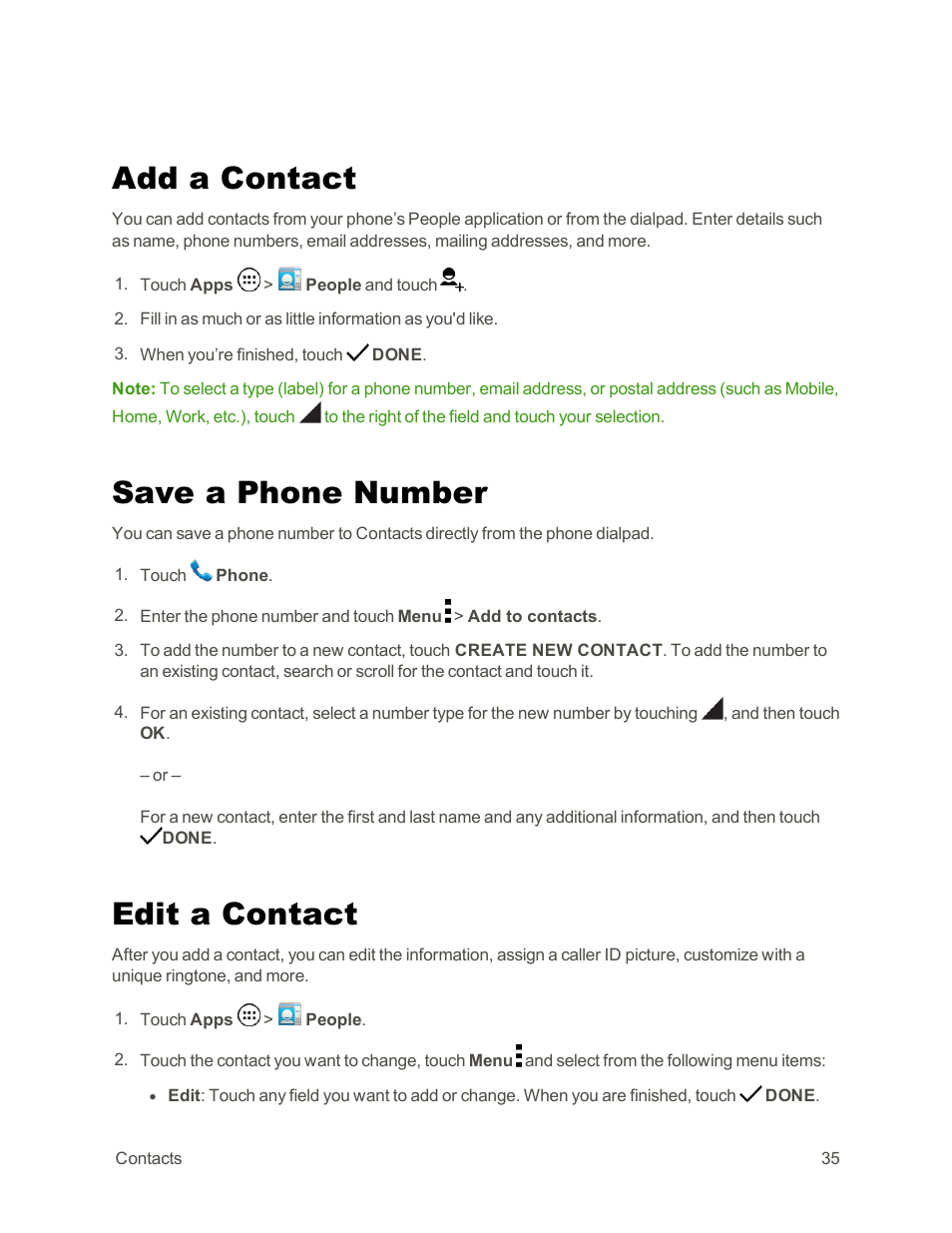 Add a contact, Save a phone number, Edit a contact | Motorola moto G User Manual | Page 42 / 134