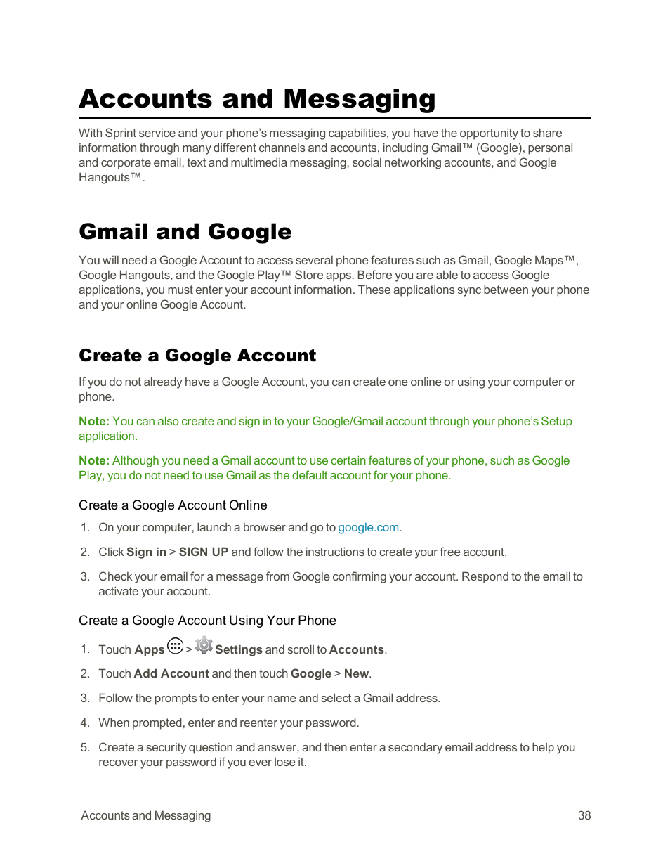 Accounts and messaging, Gmail and google, Create a google account | Motorola moto G User Manual | Page 45 / 134