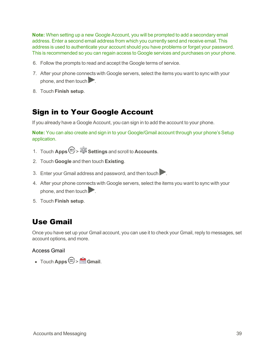 Sign in to your google account, Use gmail | Motorola moto G User Manual | Page 46 / 134