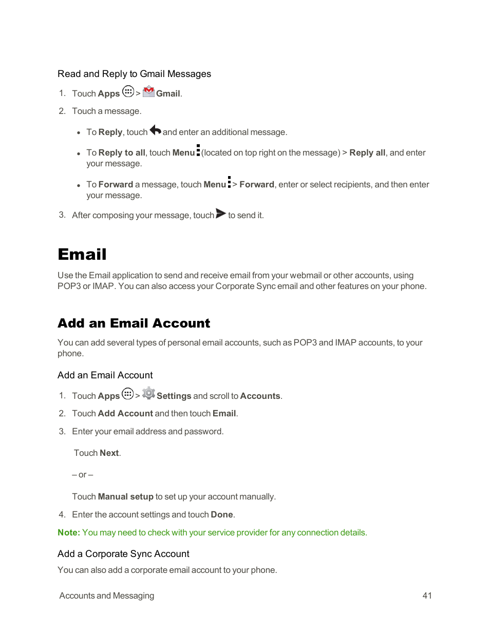 Email, Add an email account | Motorola moto G User Manual | Page 48 / 134