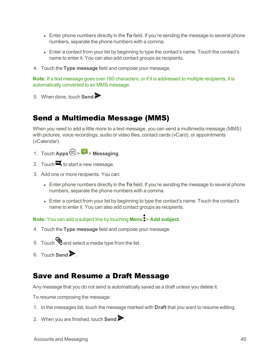 Send a multimedia message (mms), Save and resume a draft message | Motorola moto G User Manual | Page 52 / 134