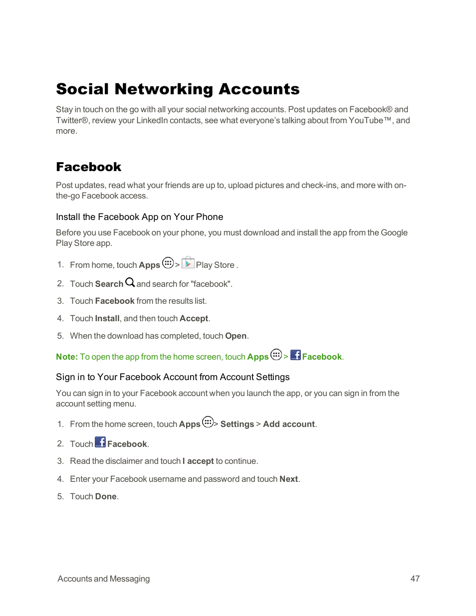 Social networking accounts, Facebook | Motorola moto G User Manual | Page 54 / 134