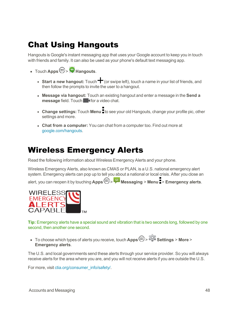 Chat using hangouts, Wireless emergency alerts | Motorola moto G User Manual | Page 55 / 134